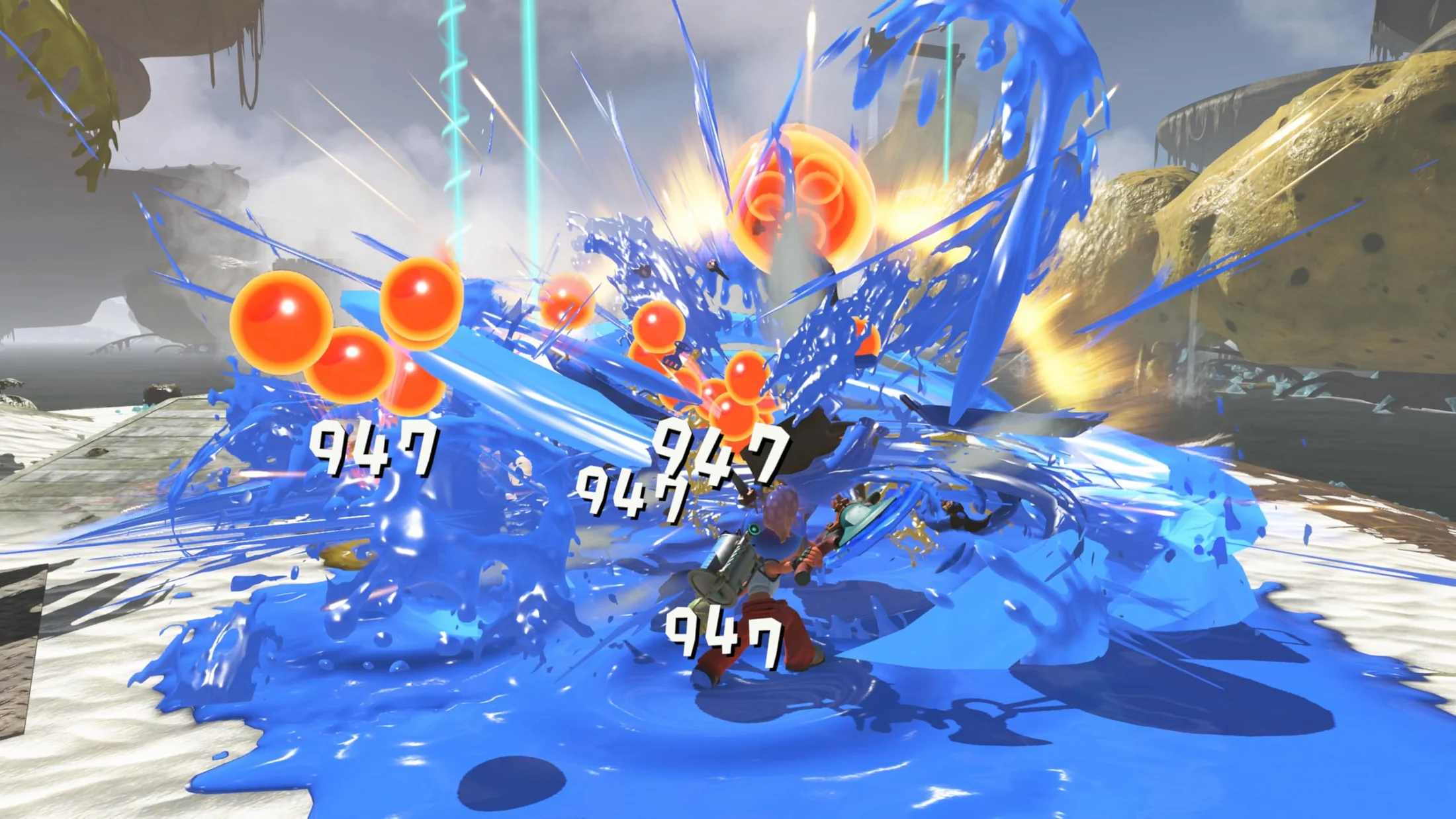 Splatoon Raiders combat screenshot showing a player unleashing ink attacks in a raid
