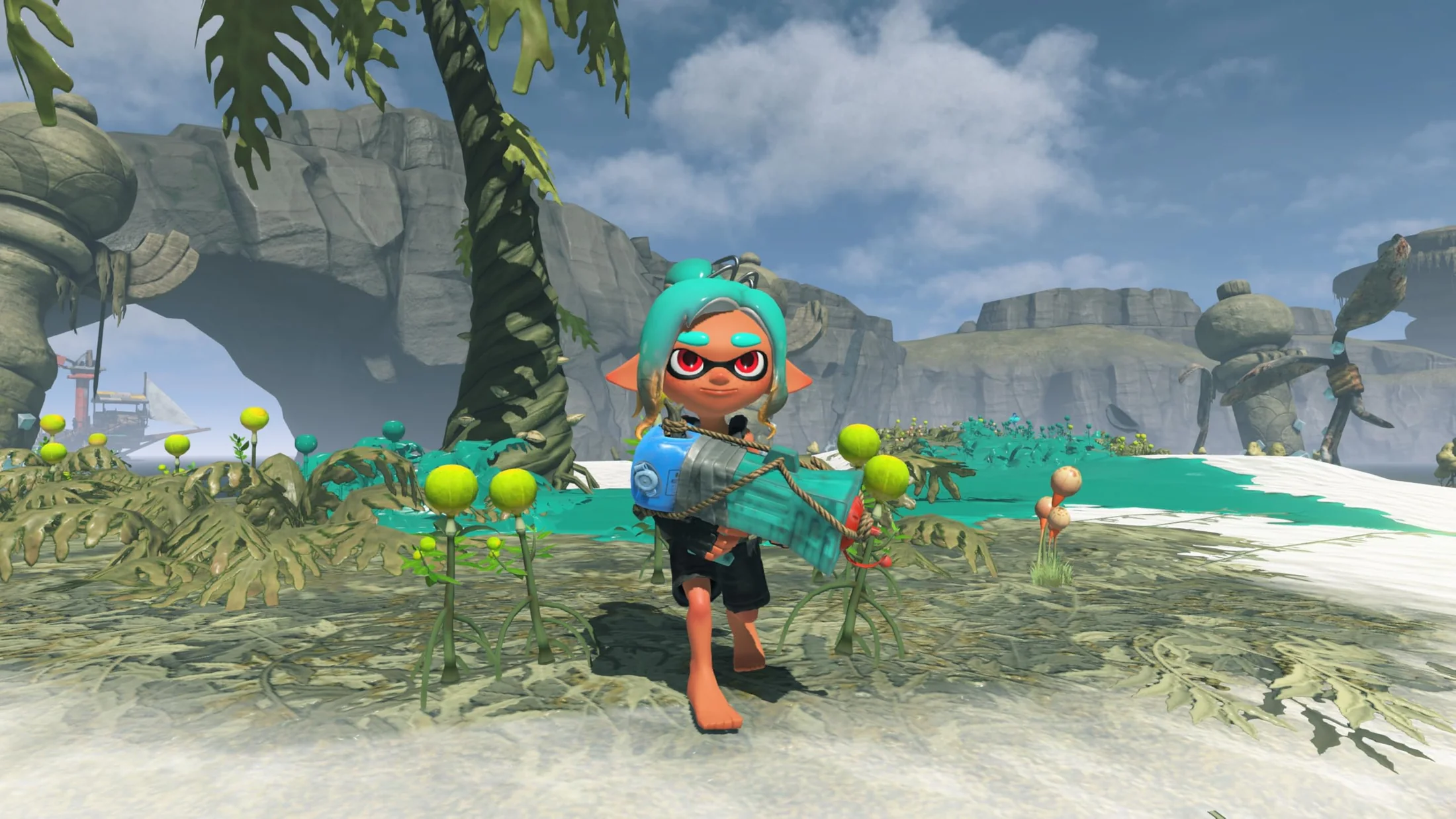 Splatoon Raiders tropical island biome with the Mechanic exploring