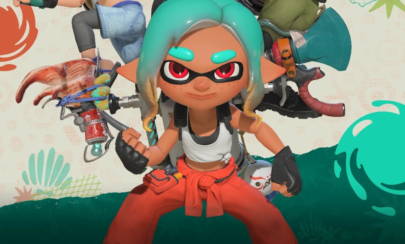 Splatoon Raiders key art showing the main characters on a vibrant ink-splashed island